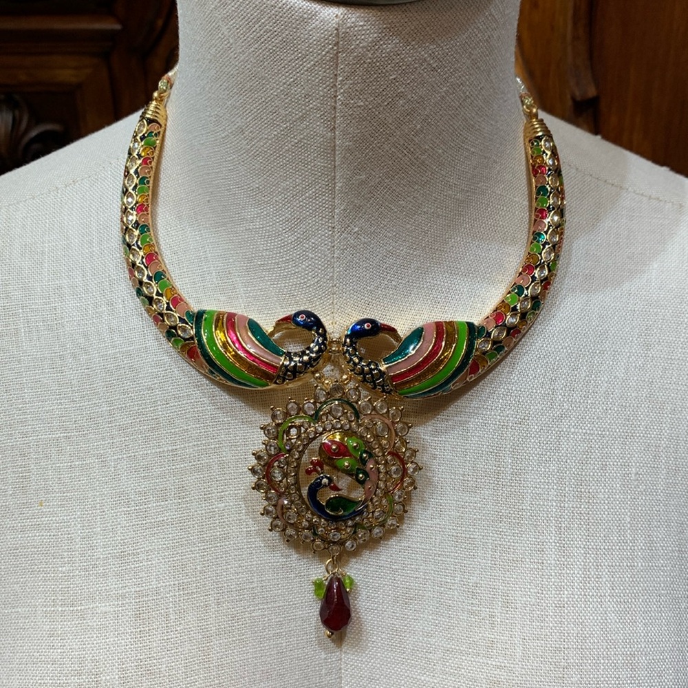 Indian/Bollywood Enamel Faux Zirconia Large Peacock Adjustable Length Necklace